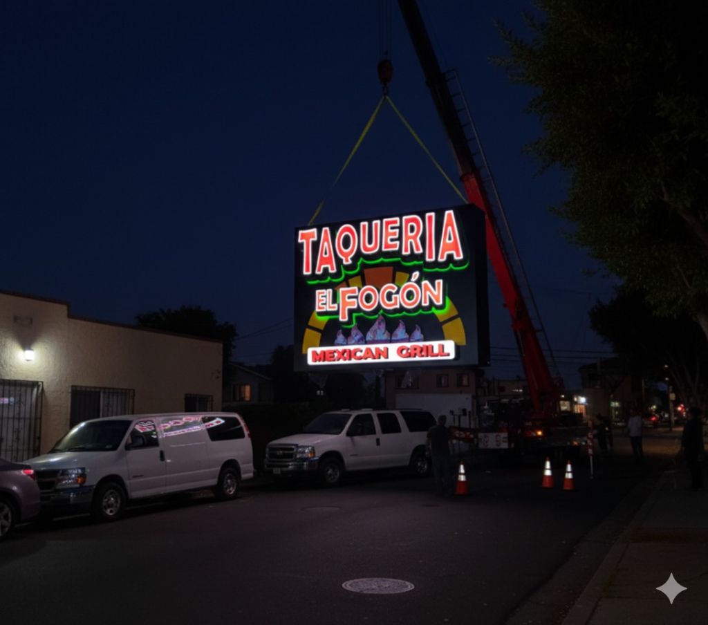 Taqueria El Fogon Sign Installation at Night